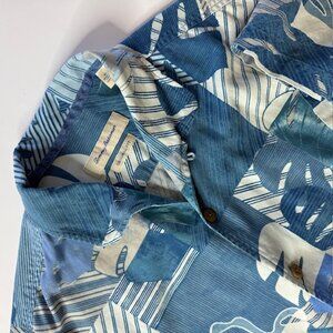 Tommy Bahama Men's Shirt XL Blue Palm Fronds Print Camp Shirt Silk